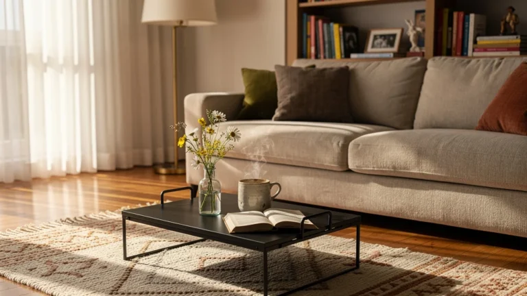 Salon sans table basse avec plateau amovible, ambiance chaleureuse et minimaliste, vécu quotidien innovant