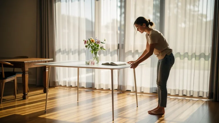 Table moderne aux pieds fins illuminée, symbolisant légèreté après remplacement d’une table lourde