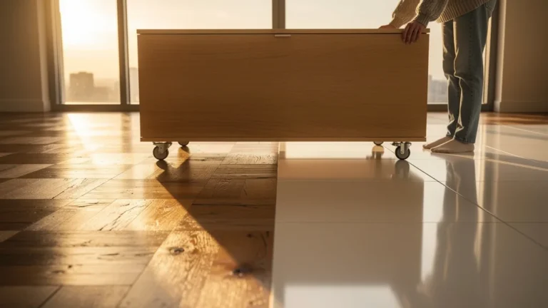 Meuble sur roulettes déplacé sur parquet, carrelage et vinyle en test d’un mois