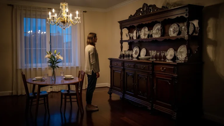 Buffet massif en bois sombre écrasant une petite salle à manger élégante et intime