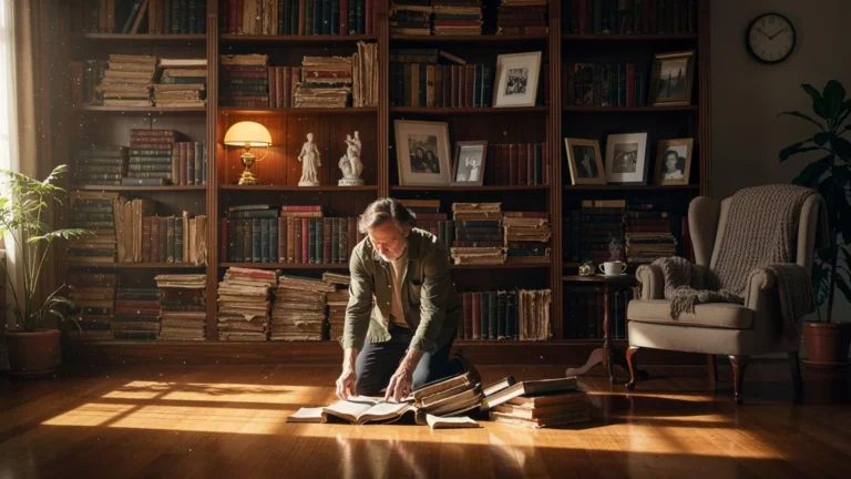 Bibliothèque ouverte sur tout un mur avec une personne réarrangeant des livres après trois ans