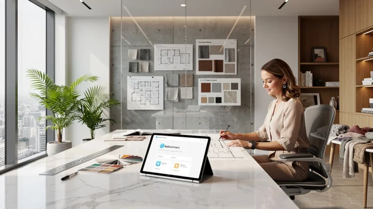 Intérieur moderne lumineux illustrant baticonnect avec femme professionnelle dans un studio design