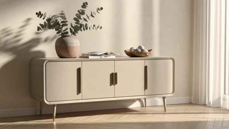 Buffet beige élégant en bois mat dans un salon lumineux au style design minimaliste