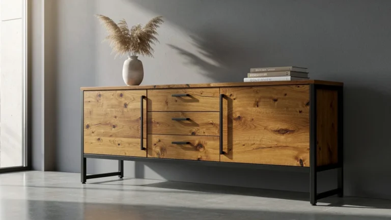 Buffet bois et metal design moderne en bois naturel et acier noir dans un intérieur contemporain élégant