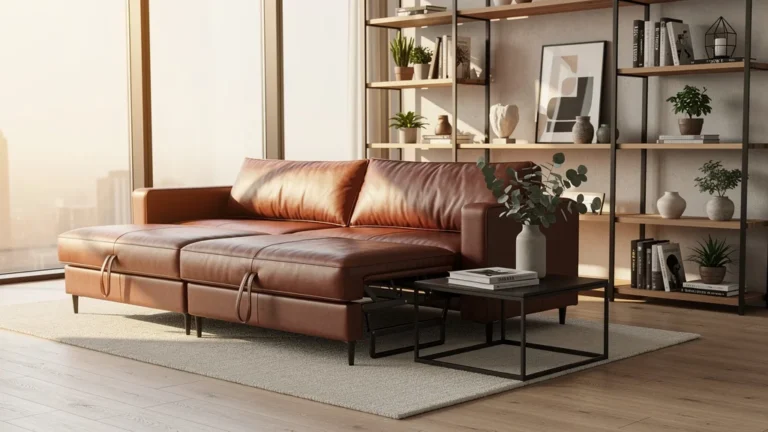 canapé cuir convertible en cuir marron dans un salon moderne lumineux et élégant