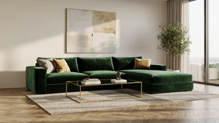 Canapé modulable en velours vert émeraude élégant dans un salon moderne lumineux et spacieux