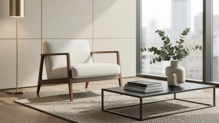 Intérieur moderne avec fauteuil carré Lutz design en bois et lin, ambiance élégante et lumineuse