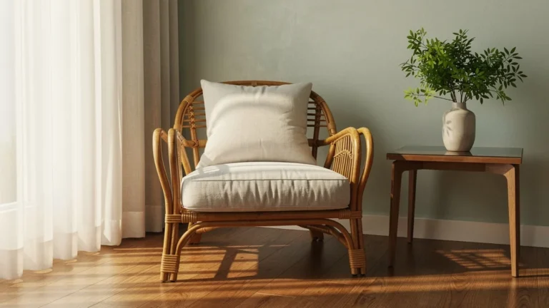 Fauteuil rotin naturel en décoration intérieure lumineuse et élégante dans un coin cosy