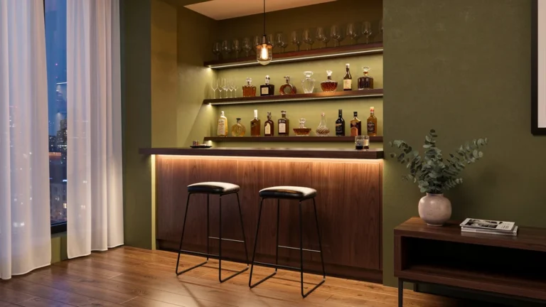 Bar sur mesure installé dans un renfoncement, ambiance chaleureuse pour soirées conviviales à la maison