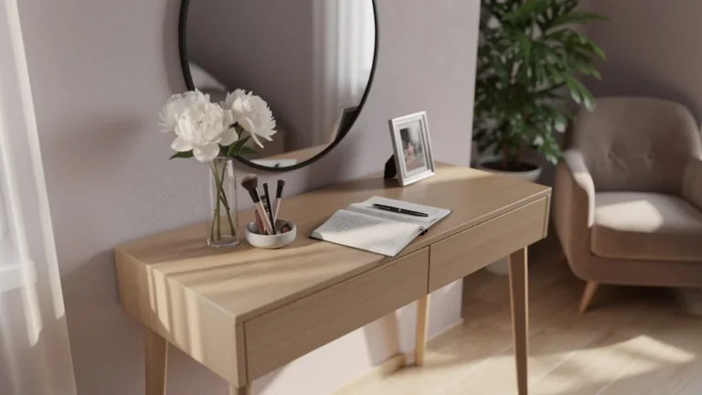 Coin chambre lumineux avec coiffeuse moderne en bois clair et accessoires bien rangés, ambiance paisible et intime