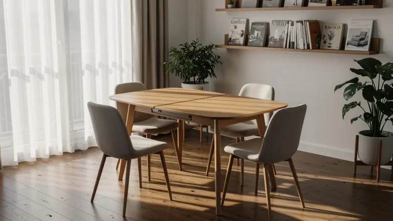 Table extensible moderne fermée dans un salon lumineux, ambiance calme et design intérieur soigné