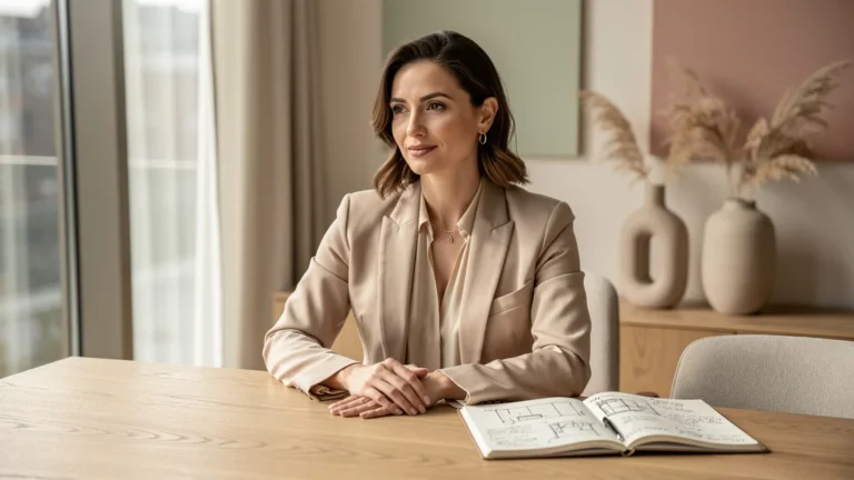 Portrait hyperréaliste de Kasparian, rédactrice en aménagement intérieur, dans un studio design lumineux