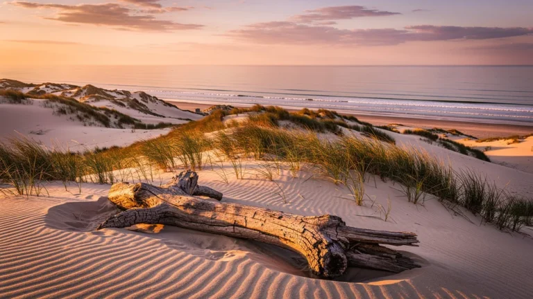 Paysage photoréaliste d’une dune côtière au coucher du soleil avec herbes et bois flotté
