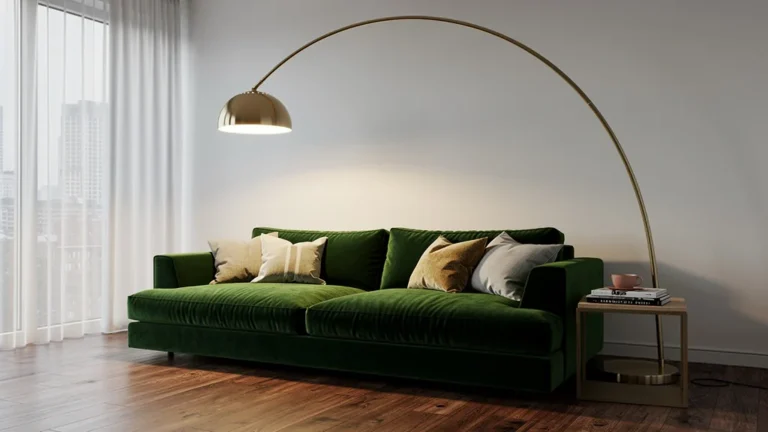 Lampadaire arc moderne au-dessus d'un canapé vert, sublime mais encombrant dans un salon design
