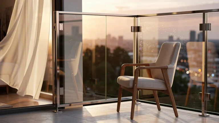 Vue hyperréaliste d'une terrasse Lumon en verre transparent avec lumière dorée au coucher du soleil