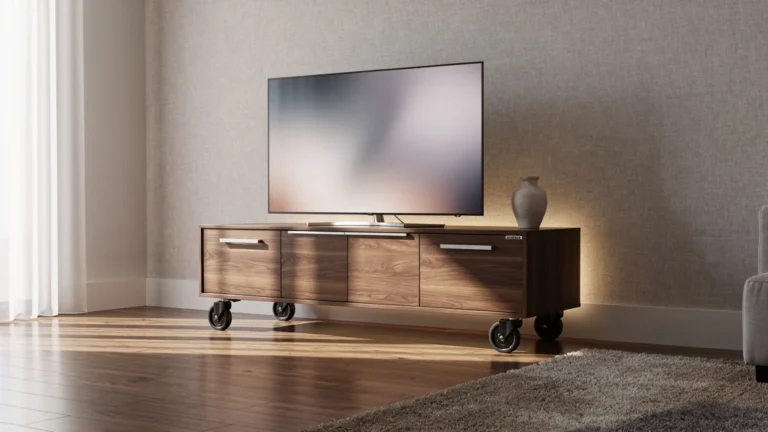meuble roulette TV moderne en bois et métal dans salon élégant et lumineux