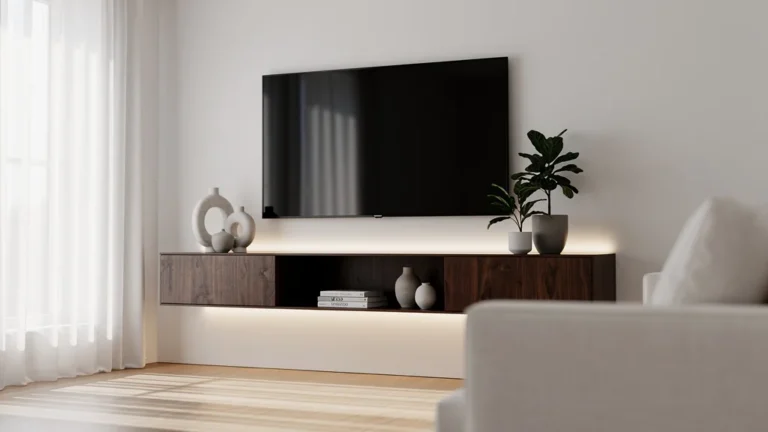 Meuble télévision mural design moderne en bois foncé dans un salon contemporain lumineux et élégant