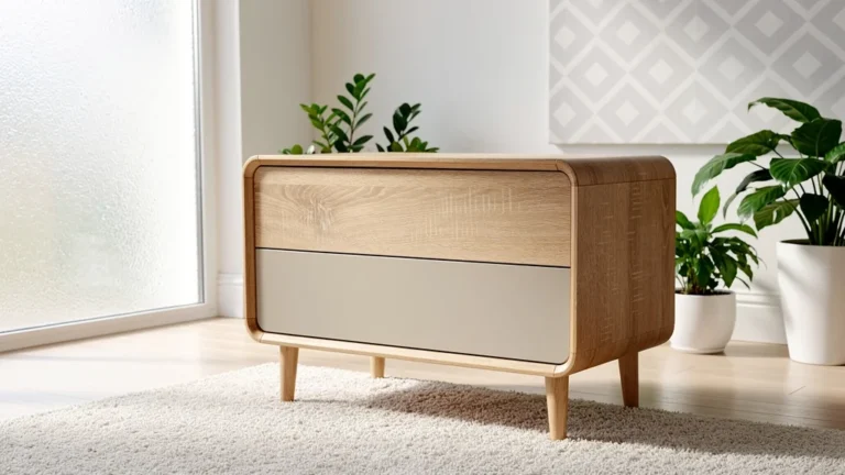 Petit meuble scandinave en bois clair dans un salon minimaliste lumineux au style moderne et épuré
