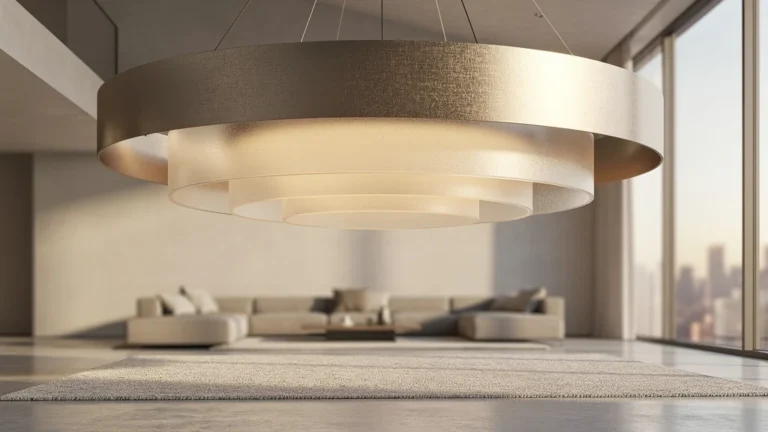Suspension XXL design moderne en métal et verre dans un salon lumineux au style minimaliste