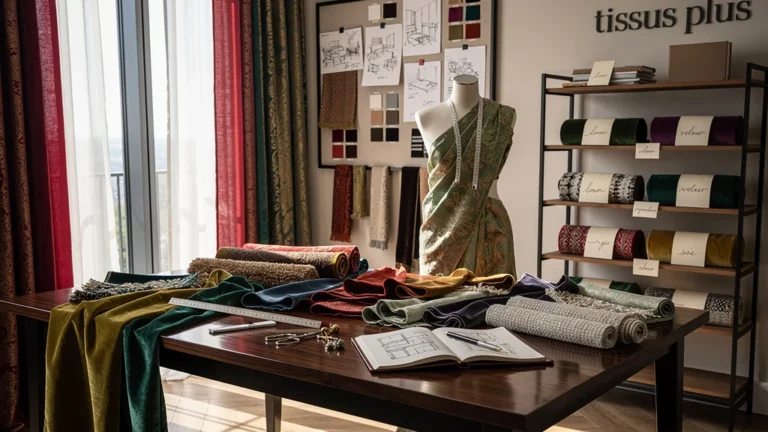 Atelier d’aménagement intérieur avec tissus haut de gamme et textures variées, ambiance chaleureuse et lumineuse