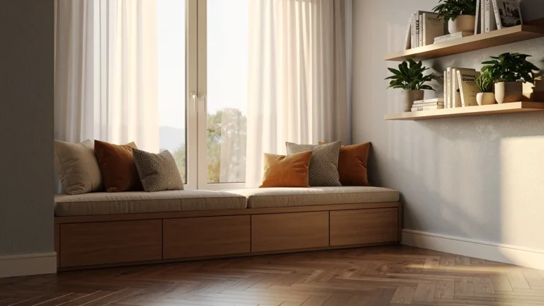 Banquette sous fenêtre réveillant un coin délaissé du séjour, lumière naturelle et déco chaleureuse